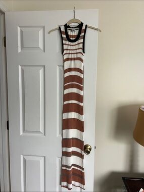 Sonia Rykiel Sleeveless Striped Maxi Dress in Brown, White & Black Trim